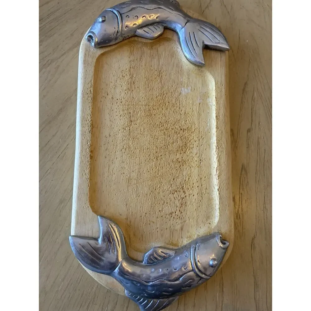VTG Wood Sushi Tray Fish Pewter Serving Tray Nautical Decor Party Cheese Seafood